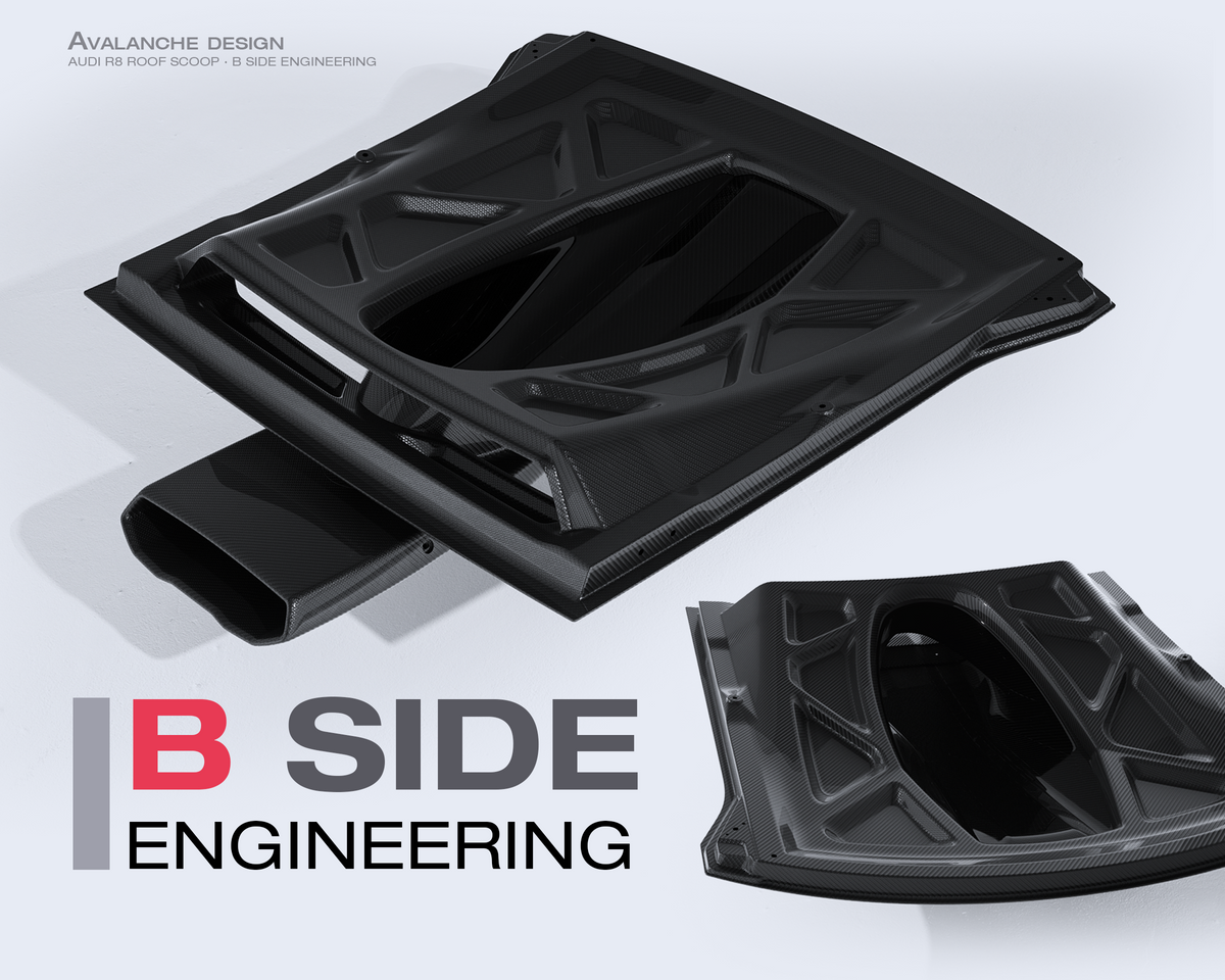 Audi R8 carbon fiber roof scoop by Avalanche Design highlighting OEM-style B-side engineering, reinforced structure, and lightweight panel development.