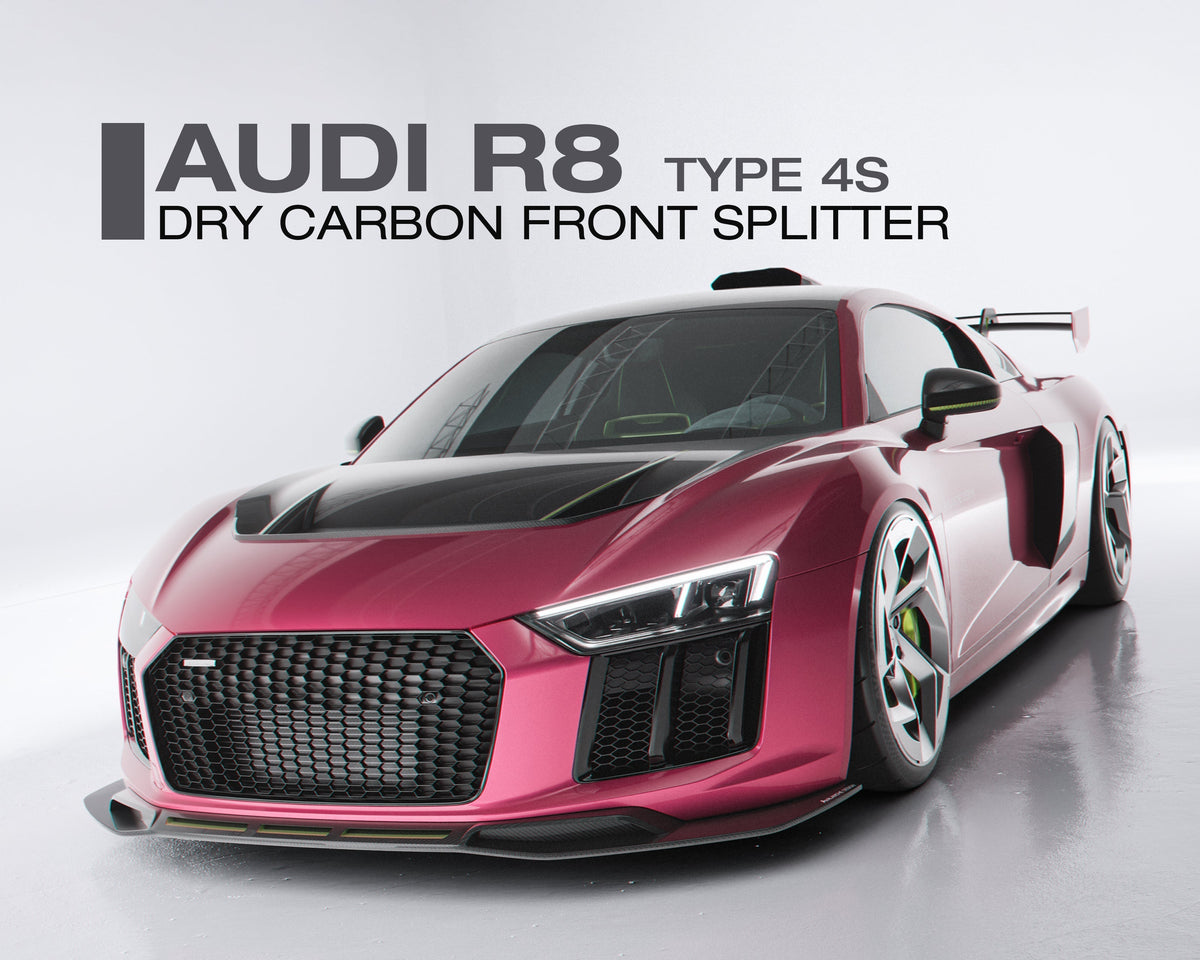 Avalanche Design dry carbon fiber front lip splitter on the Audi R8 Gen 2 Type 4S, with sculpted corner profiles and a wider, more aggressive stance