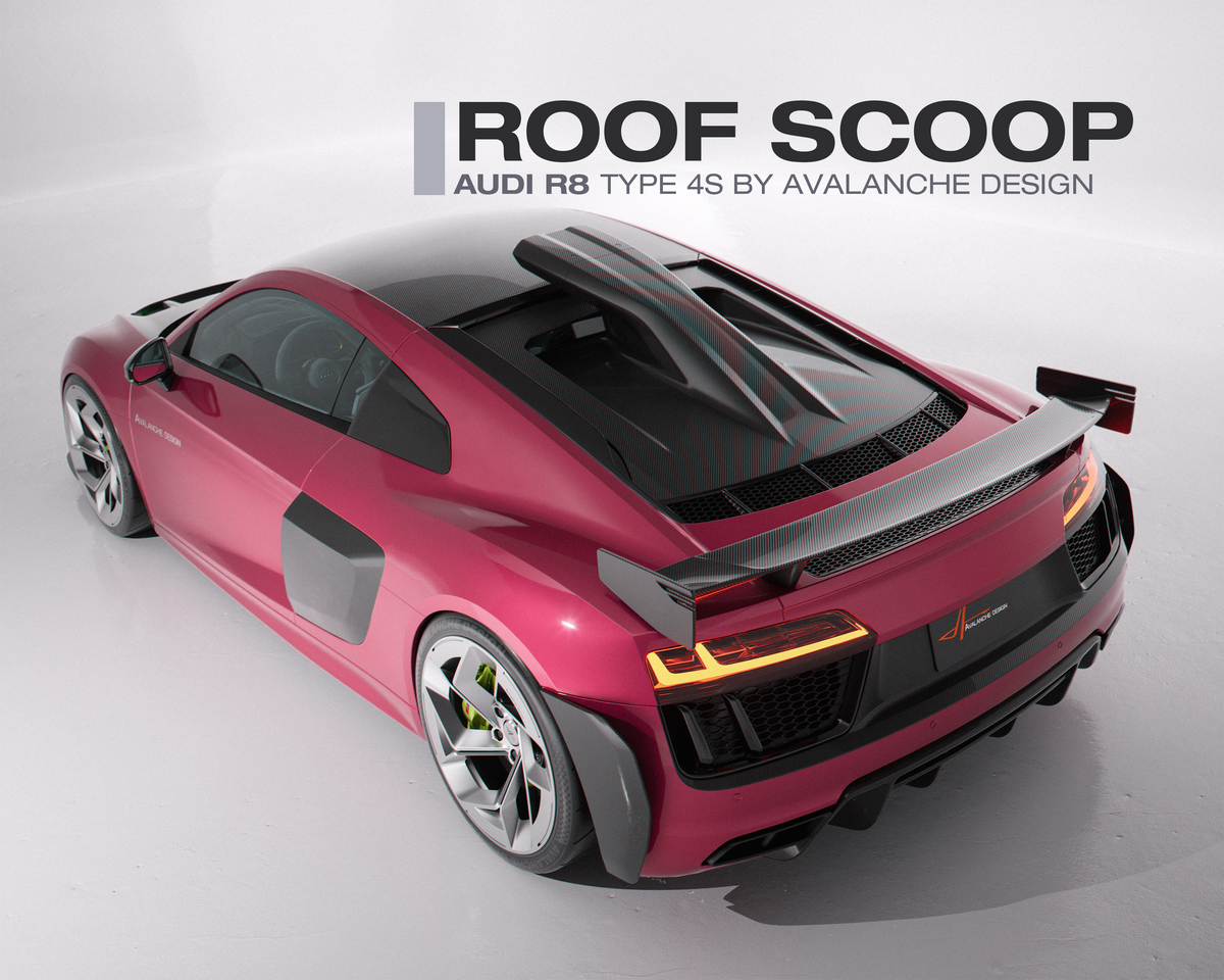 Rear three-quarter view of a pink Audi R8 Gen 2 Coupe with the Avalanche Design carbon roof scoop and recessed engine lid