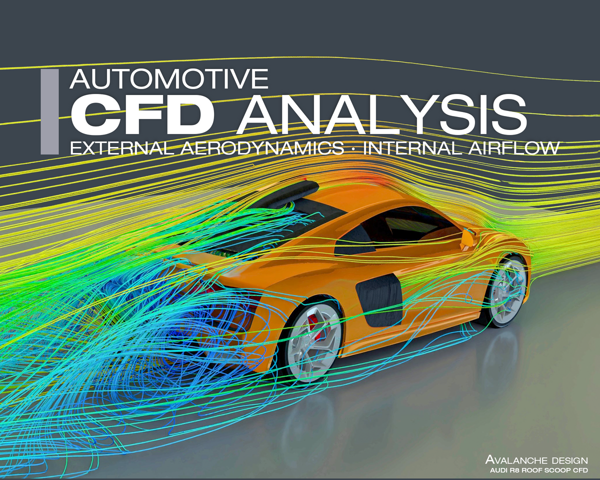 Avalanche Design automotive CFD analysis for the Audi R8 roof scoop, showing external aerodynamics, internal airflow, streamline behavior, and aerodynamic development.