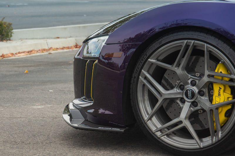 2016–2018 Audi R8 Gen 2 Type 4S with Avalanche Design dry carbon fiber front lip splitter, front bumper and wheel detail