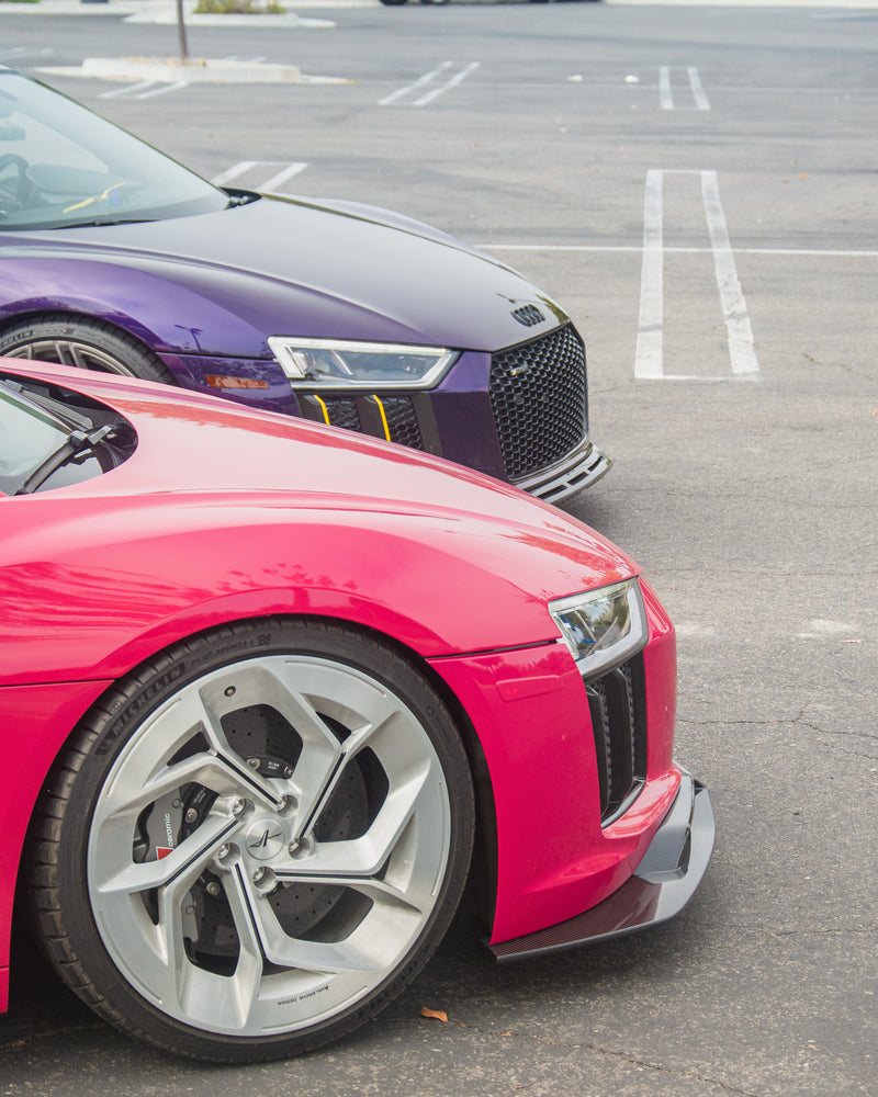 Red 2016–2018 Audi R8 Gen 2 Type 4S with Avalanche Design dry carbon fiber front lip splitter, front quarter view