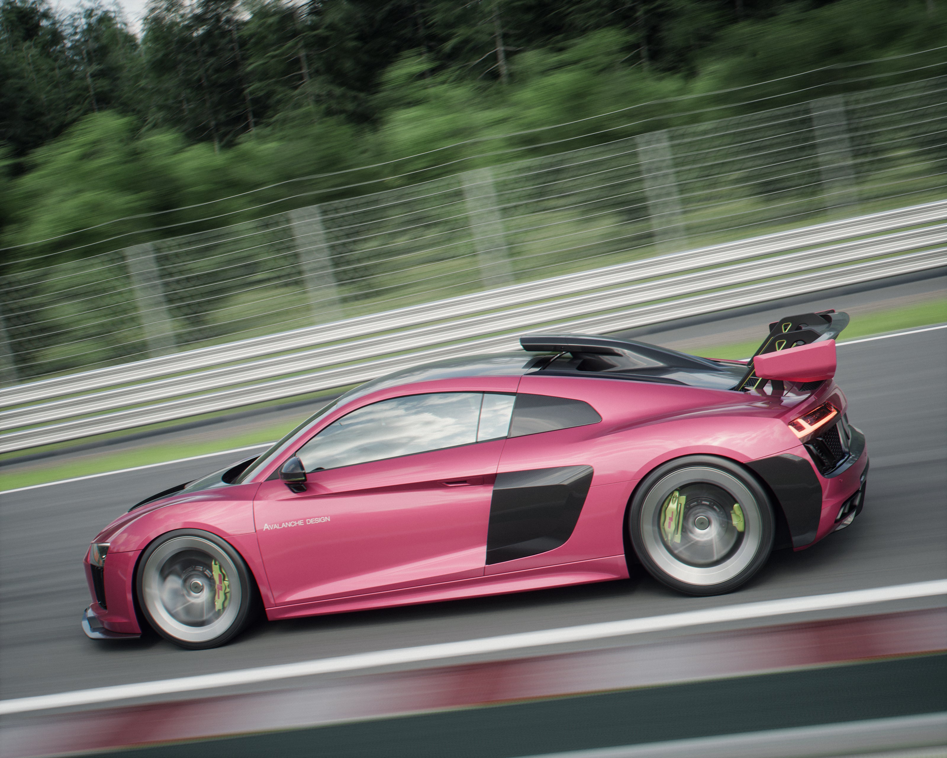 2016-2024 Audi R8 Gen 2 with Avalanche Design dry carbon roof scoop, side profile on racetrack