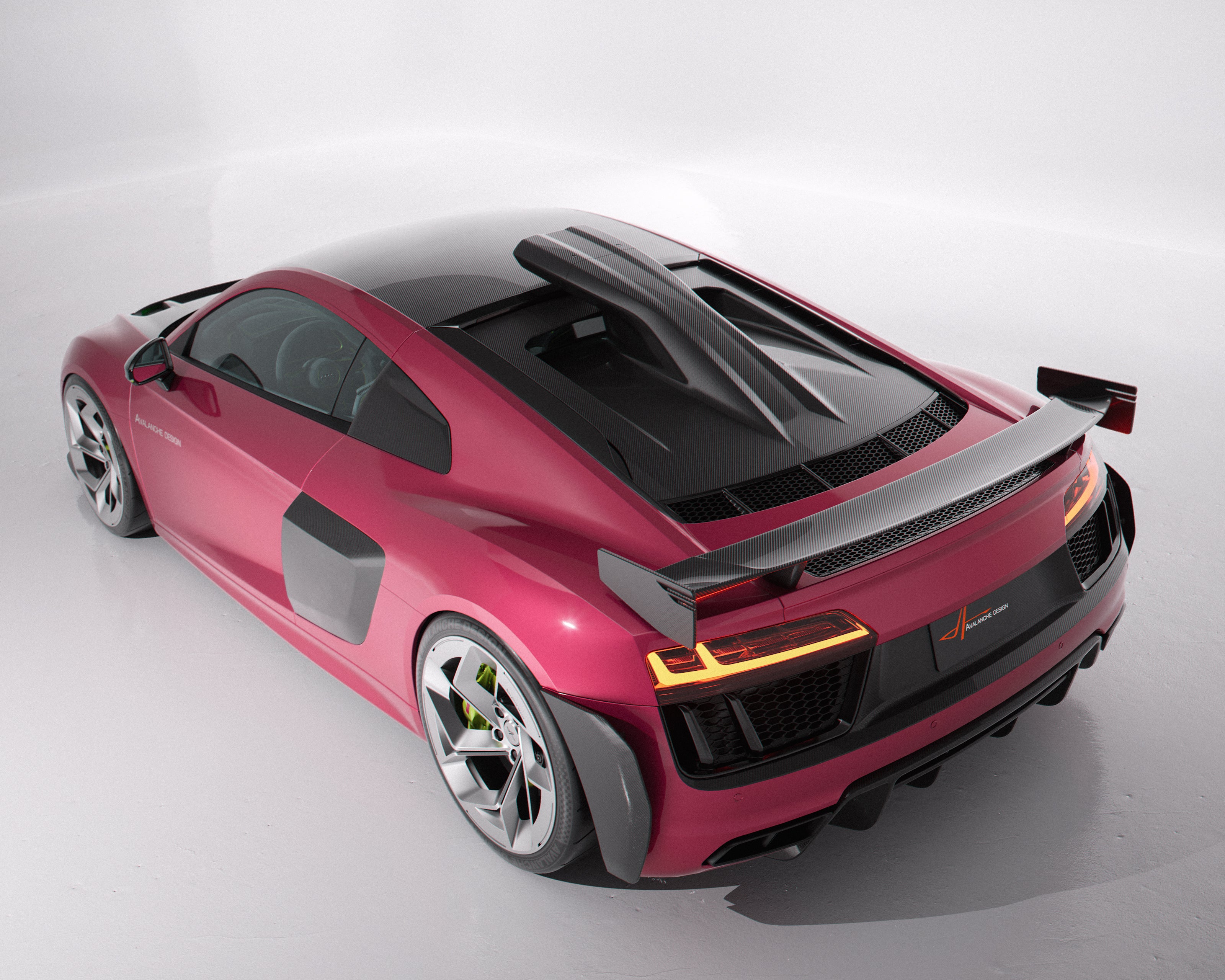 2016-2024 Audi R8 Gen 2 with Avalanche Design carbon roof scoop and engine lid, rear 3/4 view