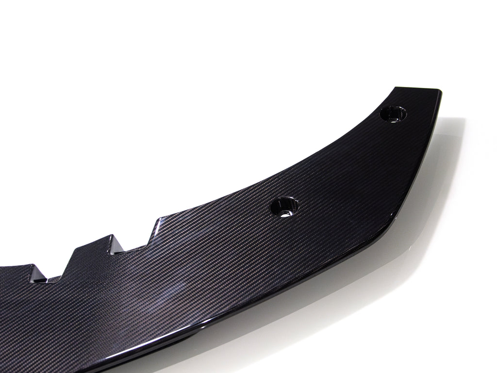 Close-up mounting detail of Audi R8 carbon fiber front lip splitter for 2016 2017 2018 Gen 2