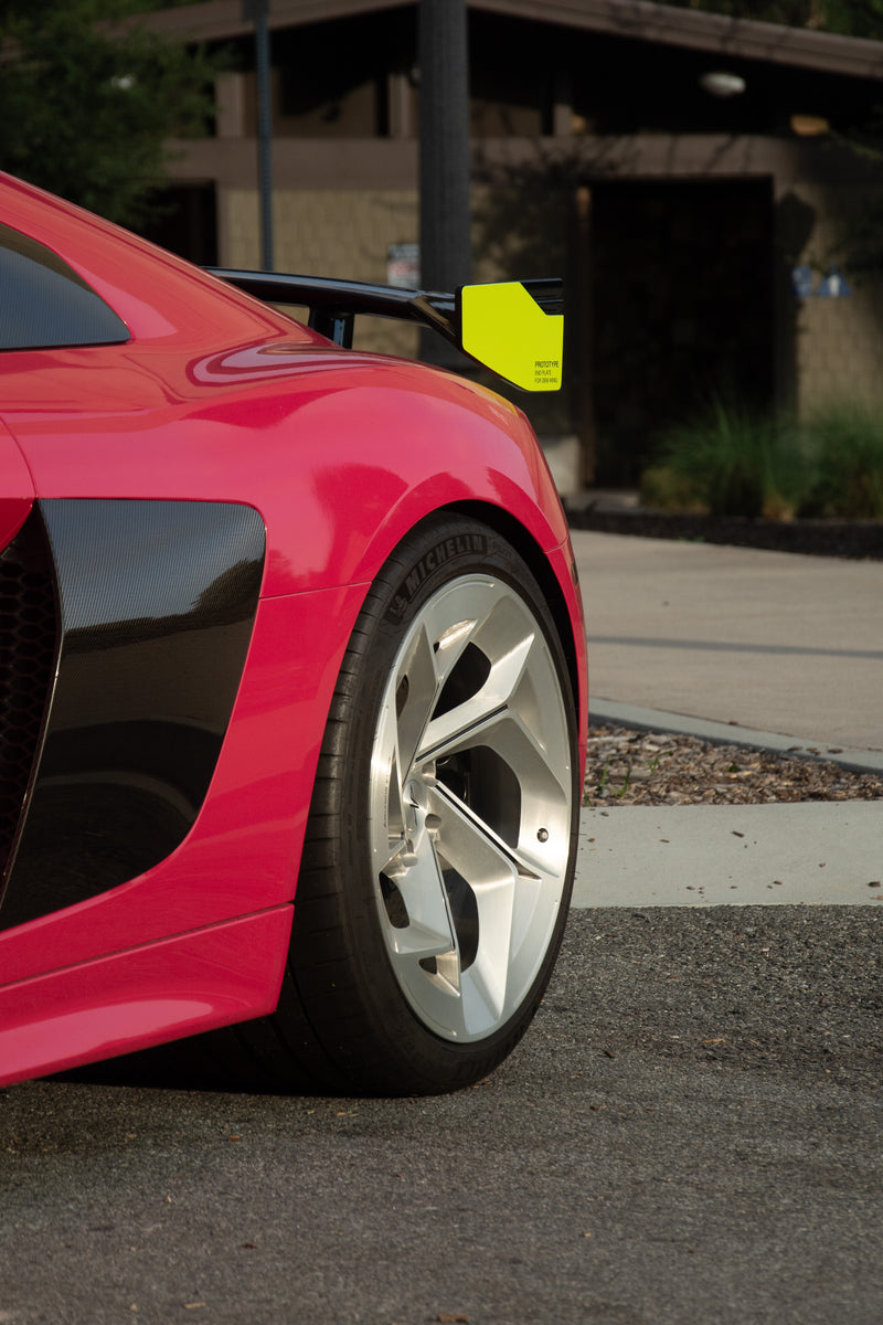 Avalanche Design custom forged wheels for Audi R8, machined from 6061-T6 forged aluminum with monoblock construction, brushed aluminum finish, directional spoke design, bespoke sizing, custom offset and vehicle specific supercar fitment