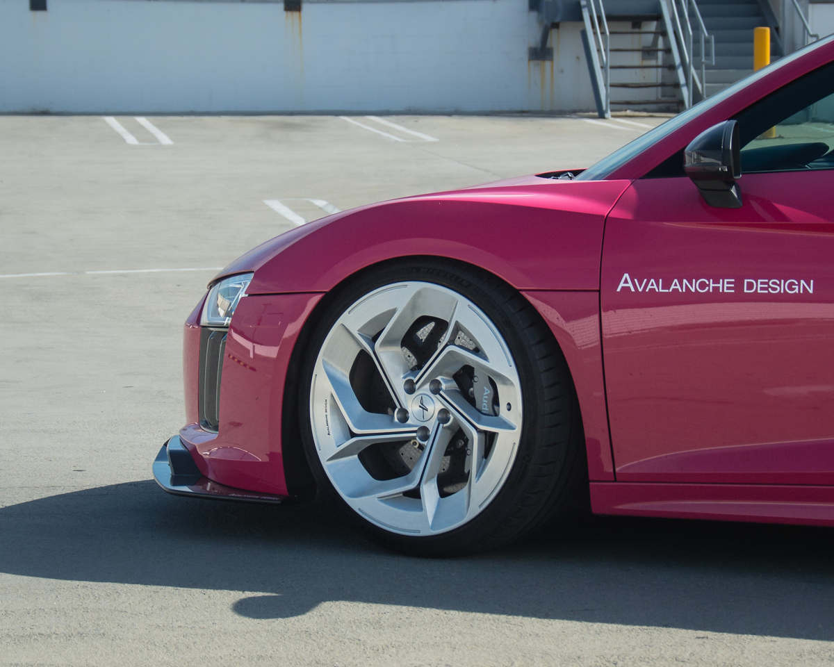 Audi R8 fitted with bespoke custom forged wheels by Avalanche Design, developed with vehicle specific sizing, custom offset, brake clearance, concavity and made to order supercar fitment.