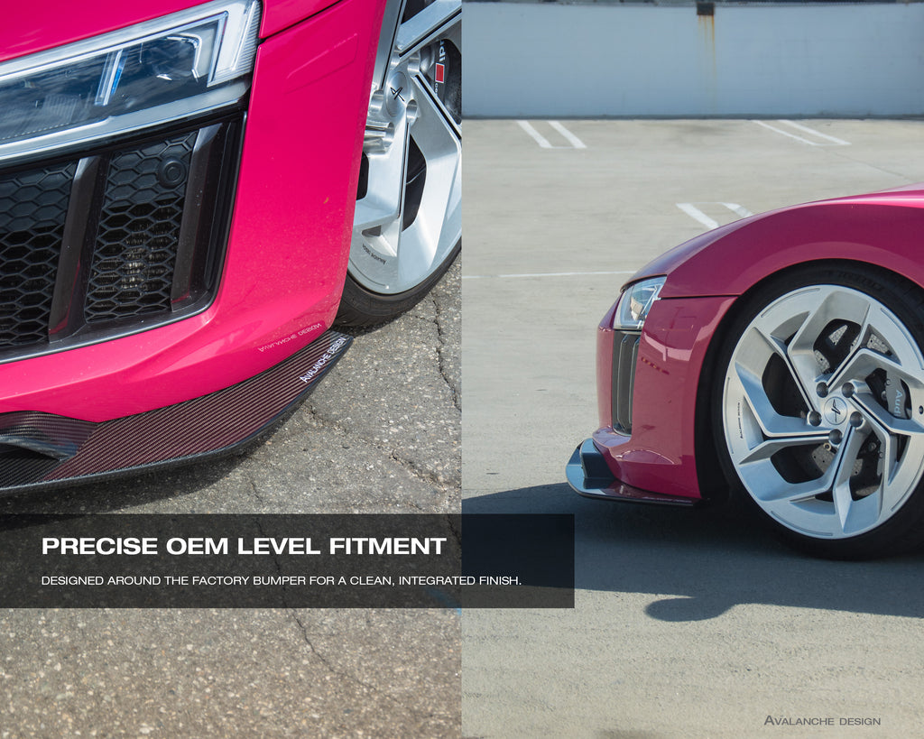 Close-up collage of Audi R8 front lip splitter in dry carbon for 2016 2017 2018 Gen 2 detail view