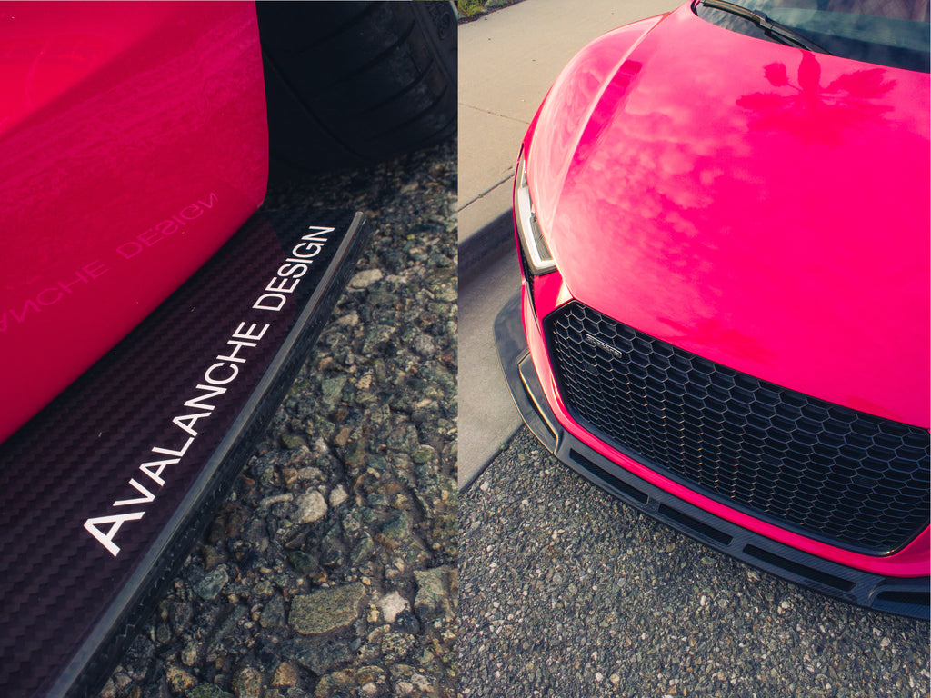 Close-up collage of Audi R8 front lip splitter in dry carbon for 2016 2017 2018 Gen 2 detail view