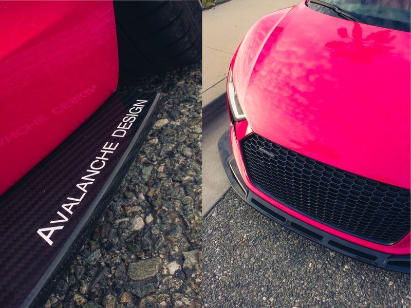 2016 2017 2018 Audi R8 Gen 2 with Avalanche Design pre preg dry carbon front lip splitter, close up carbon fiber detail and installed front aero fitment