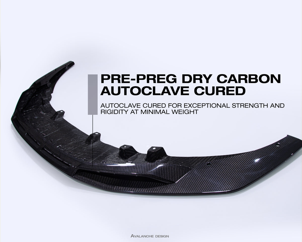 2016–2018 Audi R8 Gen 2 Type 4S pre-preg dry carbon front lip splitter spoiler, autoclave cured in gloss finish, full product view.