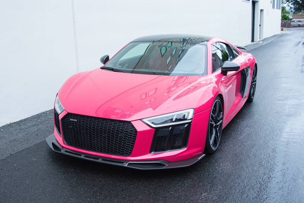 Audi R8 front lip splitter in dry carbon for 2016 2017 2018 Gen 2 installed front 3/4 view