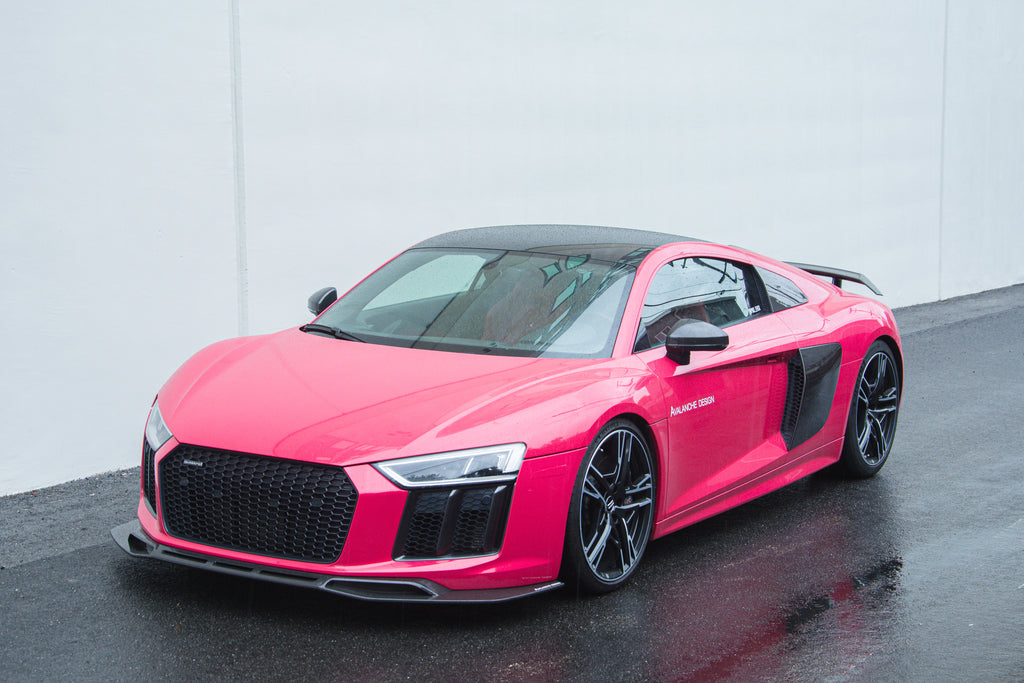 Audi R8 front lip splitter in dry carbon for 2016 2017 2018 Gen 2 installed rainy front 3/4 view