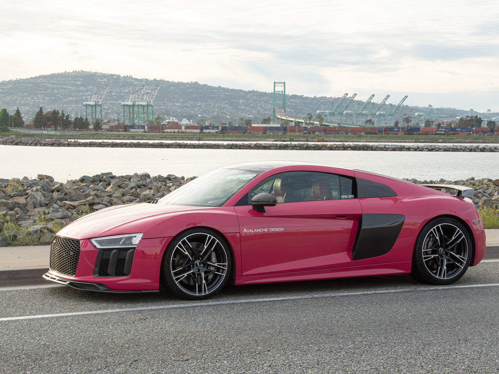 Audi R8 front lip splitter in dry carbon for 2016 2017 2018 Gen 2 installed side profile outdoor view