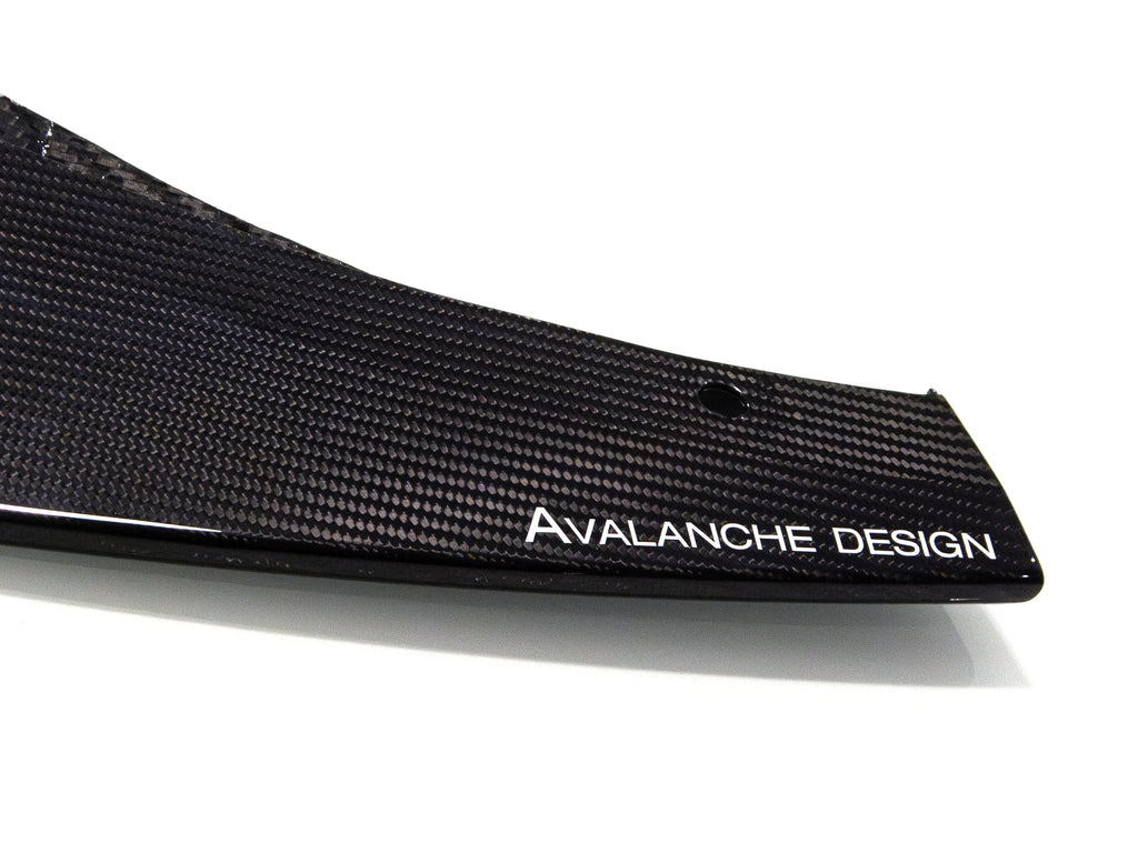 Close-up detail of Audi R8 front lip splitter in dry carbon for 2016 2017 2018 Gen 2 with Avalanche Design logo