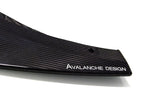 Close-up detail of Audi R8 front lip splitter in dry carbon for 2016 2017 2018 Gen 2 with Avalanche Design logo