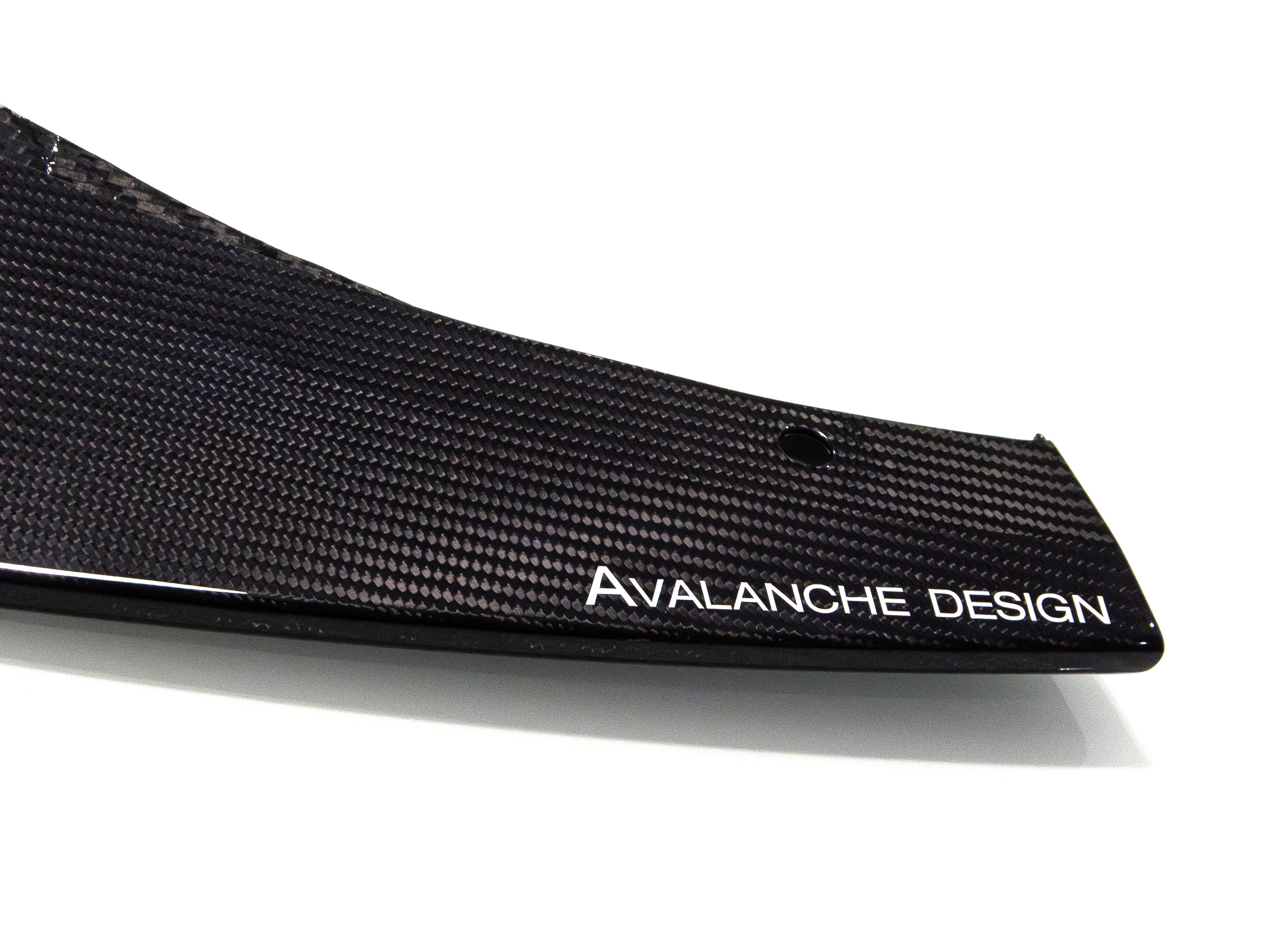 Close-up detail of Audi R8 front lip splitter in dry carbon for 2016 2017 2018 Gen 2 with Avalanche Design logo