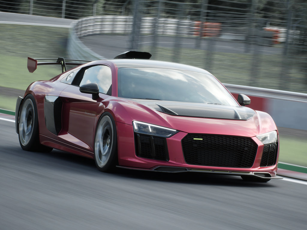 Audi R8 front lip splitter in dry carbon for 2016 2017 2018 Gen 2 racetrack rolling shot