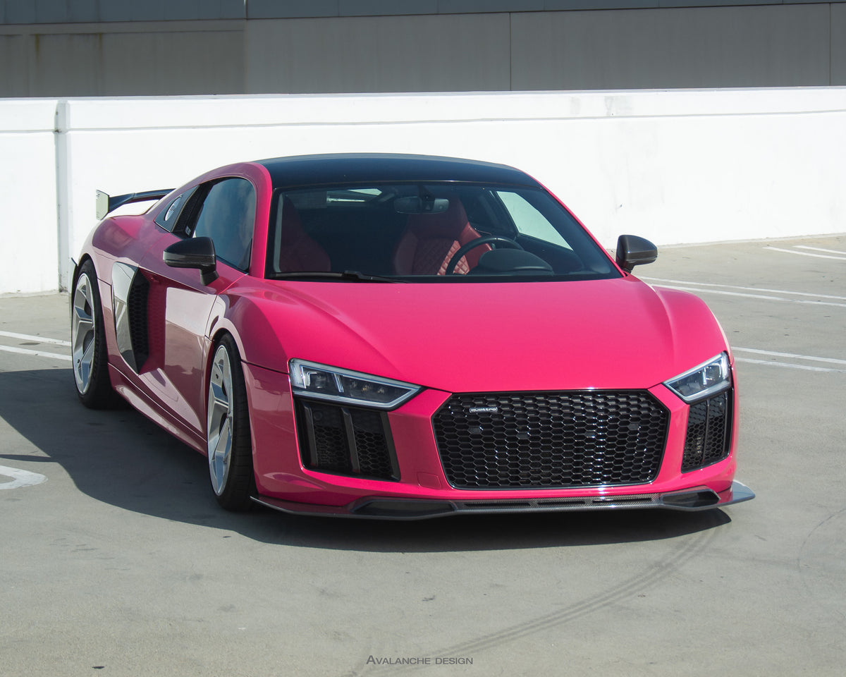 Audi R8 front lip splitter in dry carbon for 2016 2017 2018 Gen 2 installed rainy front 3/4 view