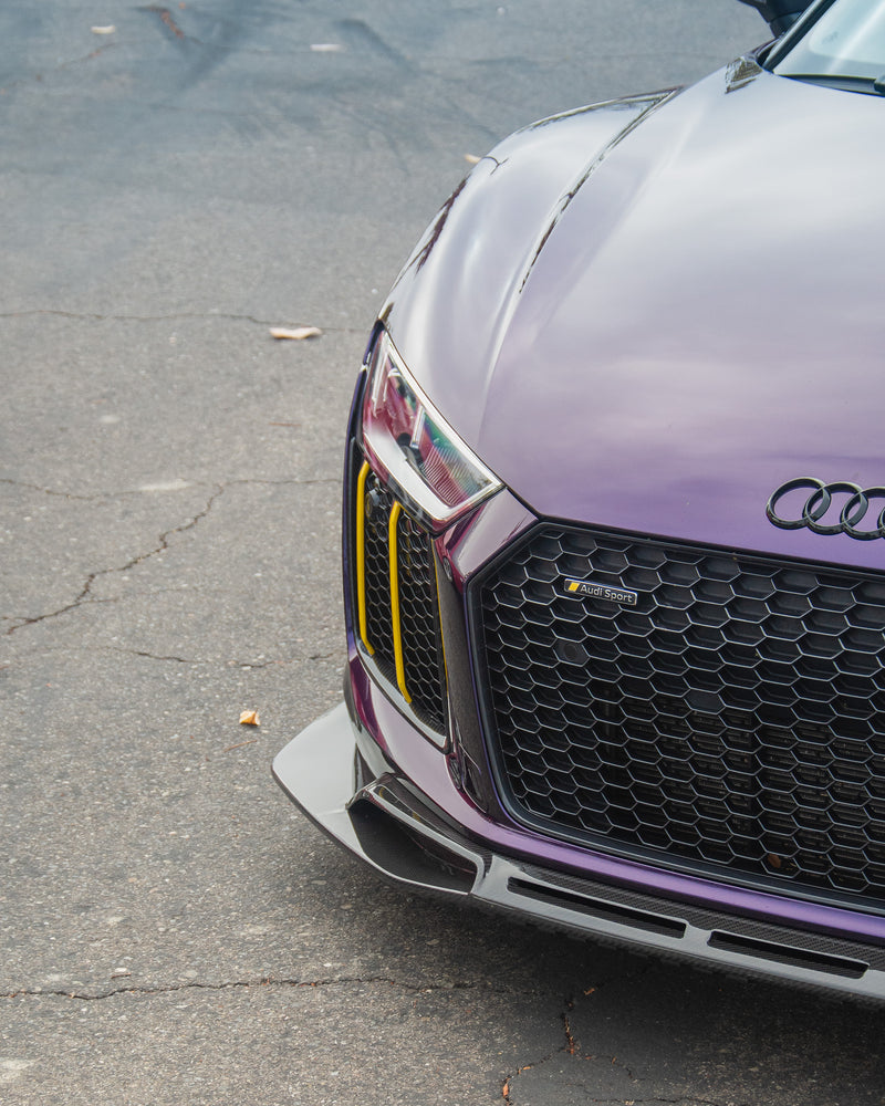 Avalanche Design dry carbon fiber front lip splitter on the Audi R8 Gen 2, with exposed carbon weave, sculpted corner openings and an extended outer edge