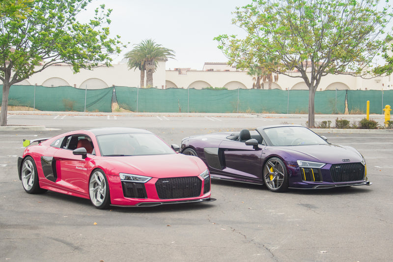 Audi R8 Gen 2 Coupe and Spyder parked side by side, both fitted with Avalanche Design dry carbon fiber front lip splitters