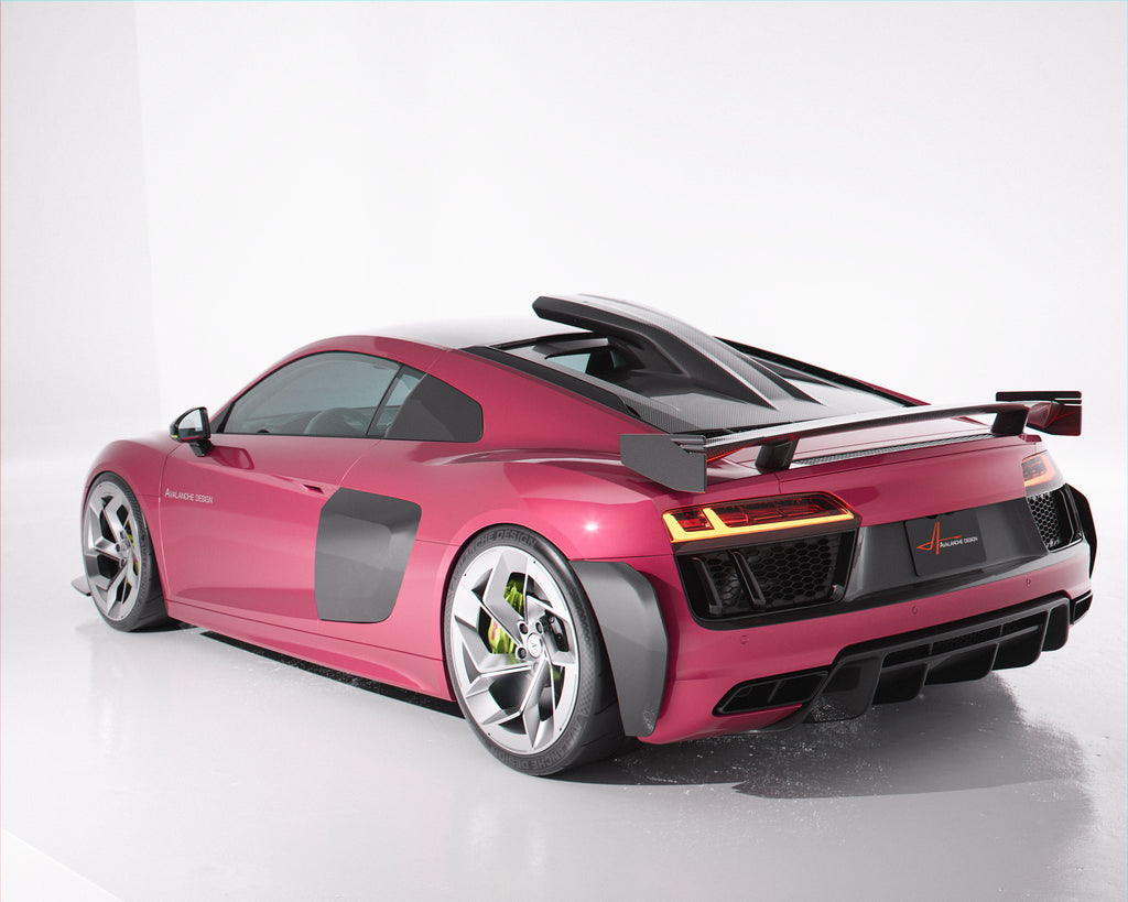 Rear view of 2016 to 2024 Audi R8 Gen 2 with Avalanche Design dry carbon roof scoop engine lid