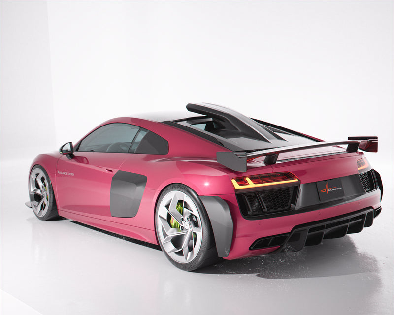 Audi R8 Gen 2 rear three quarter view with Avalanche Design dry carbon roof scoop, integrated roof intake and full replacement carbon fiber engine lid
