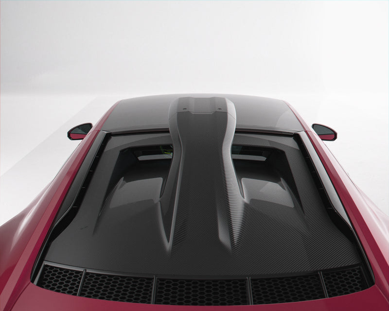 Audi R8 4S top view with Avalanche Design pre preg carbon fiber roof intake integrated into the full replacement engine lid, highlighting the scoop profile and carbon weave