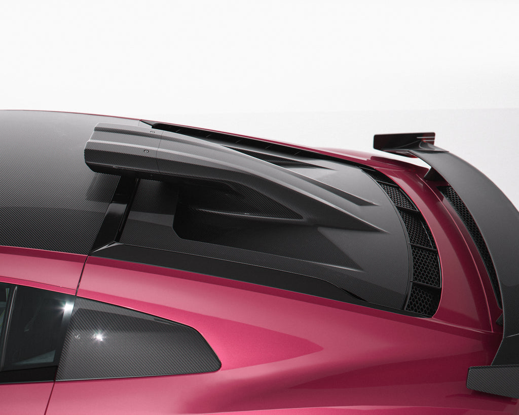 2016 to 2024 Audi R8 Gen 2 Coupe with Avalanche Design dry carbon roof scoop engine lid close up