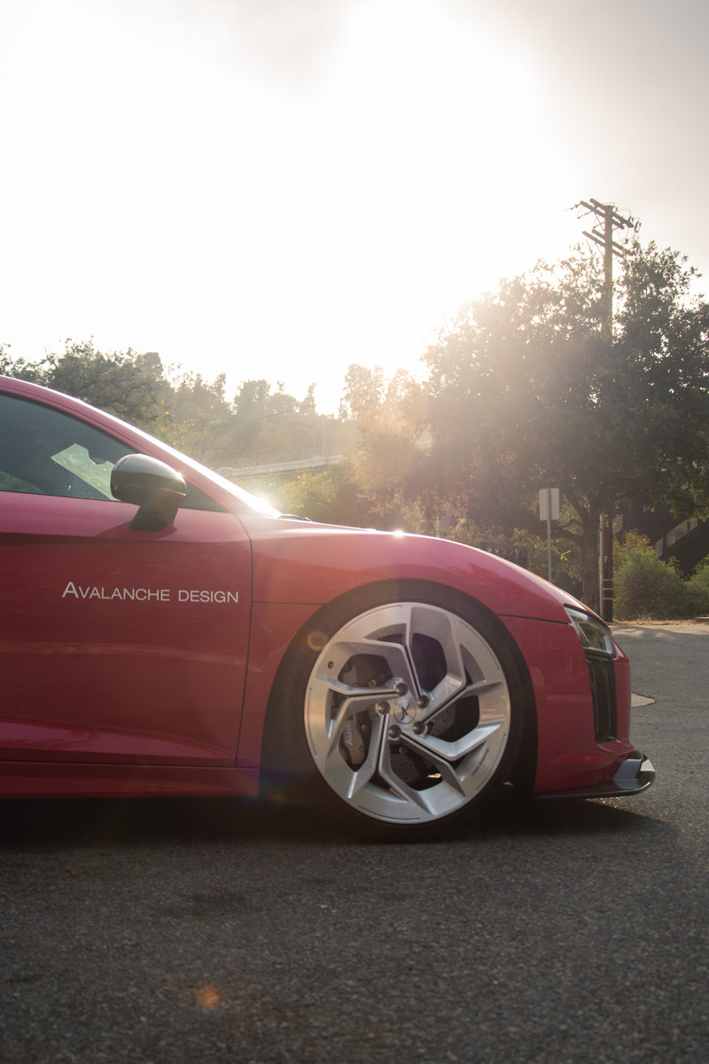 Avalanche Design Audi R8 Gen 2 with custom 6061-T6 forged monoblock wheel, brushed aluminum finish, pre preg dry carbon fiber front lip and carbon aero detailing