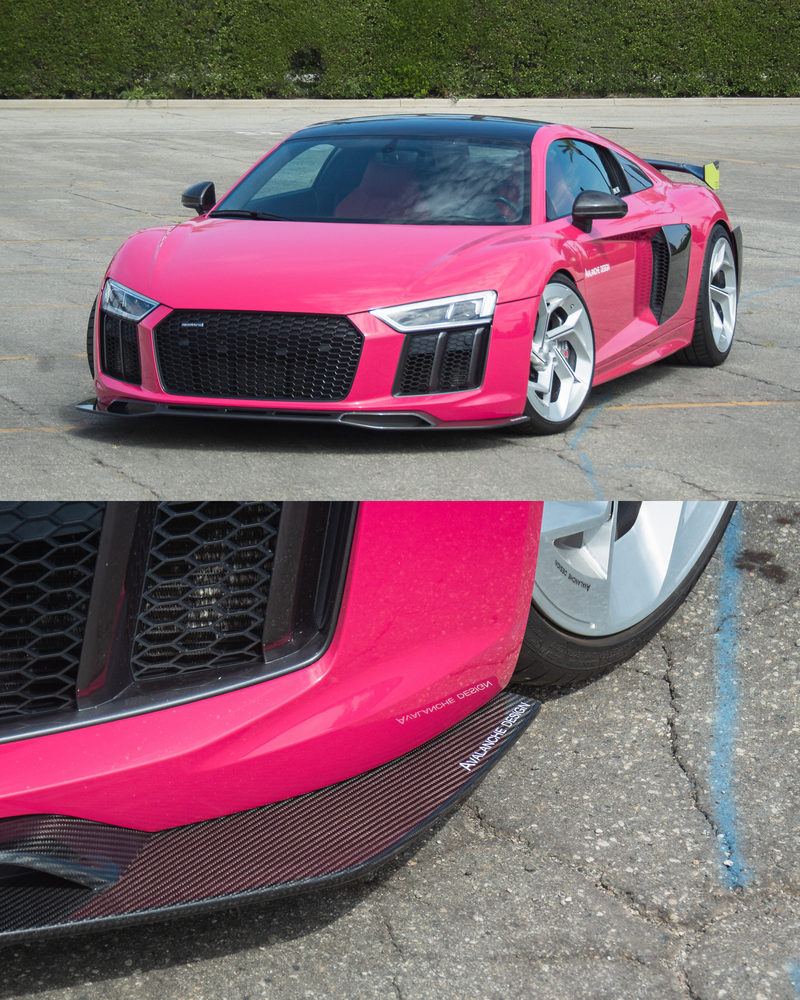 Avalanche Design Audi R8 Gen 2 with pre preg dry carbon fiber front lip splitter, autoclave cured construction, integrated ground effect aero and close up carbon weave detail