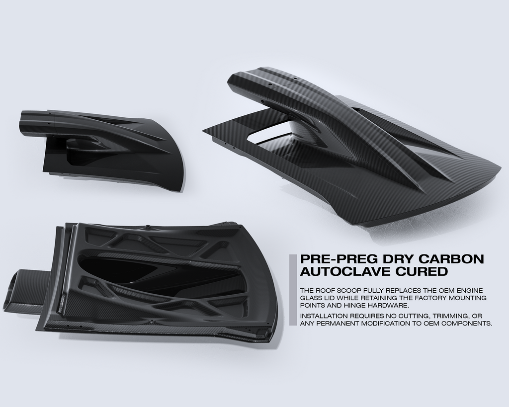 Avalanche Design prepreg dry carbon roof scoop engine lid for 2016 to 2024 Audi R8 Gen 2, autoclave cured replacement panel with OEM style mounting