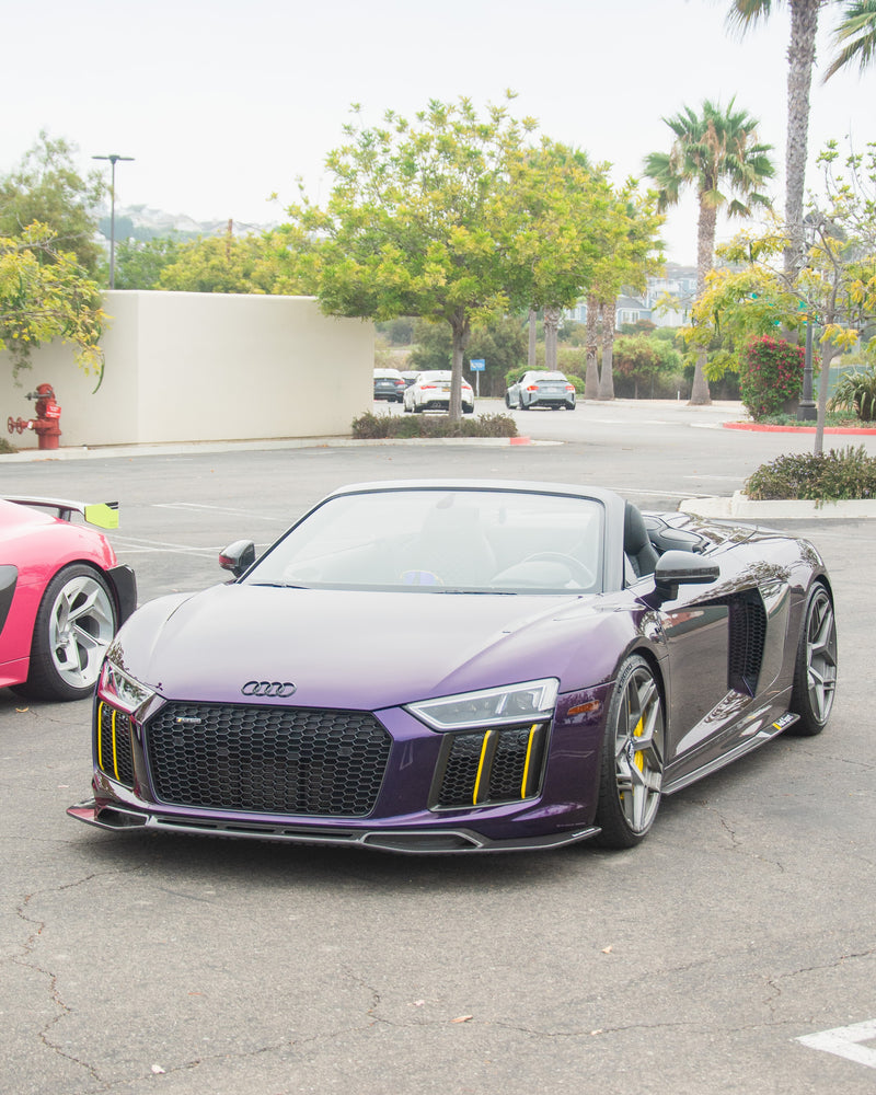 Audi R8 Gen 2 Spyder with Avalanche Design dry carbon fiber front lip splitter, sculpted corner profiles and a pronounced front stance