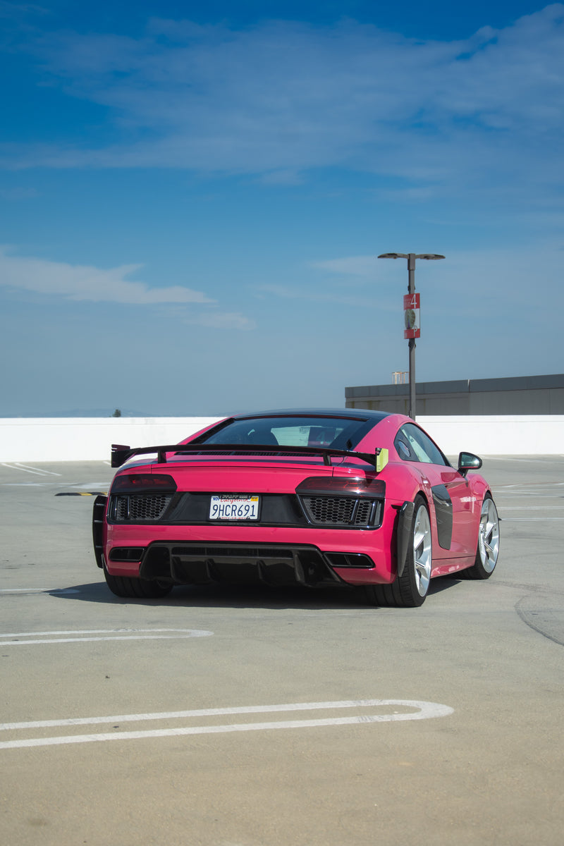 Avalanche Design Audi R8 Gen 2 rear view with pre preg dry carbon fiber aero, custom forged wheels, lowered stance and integrated performance focused exterior design
