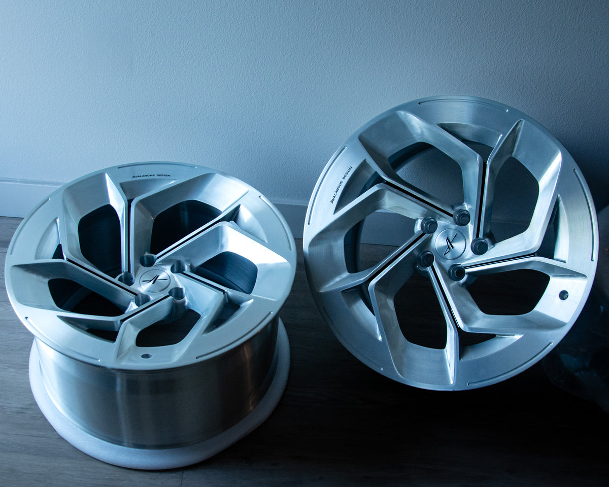 Bespoke custom forged wheels by Avalanche Design, manufactured from 6061-T6 forged aluminum with monoblock construction, brushed finish, and made to order vehicle fitment.