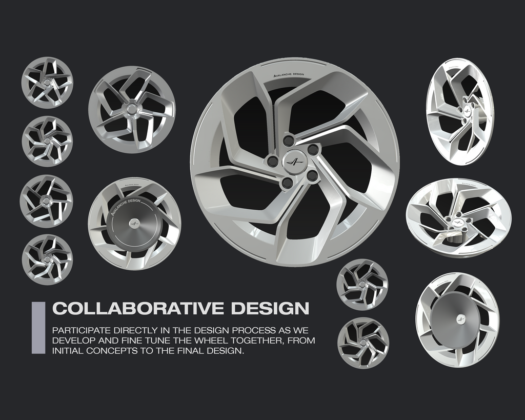 Bespoke custom forged wheel designs by Avalanche Design, featuring multiple monoblock wheel concepts developed and refined for unique vehicle fitment, proportion, finish, and performance requirements.