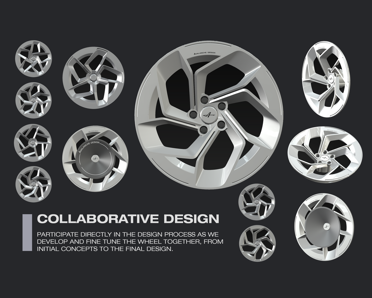 Bespoke custom forged wheel designs by Avalanche Design, featuring multiple monoblock wheel concepts developed and refined for unique vehicle fitment, proportion, finish, and performance requirements.